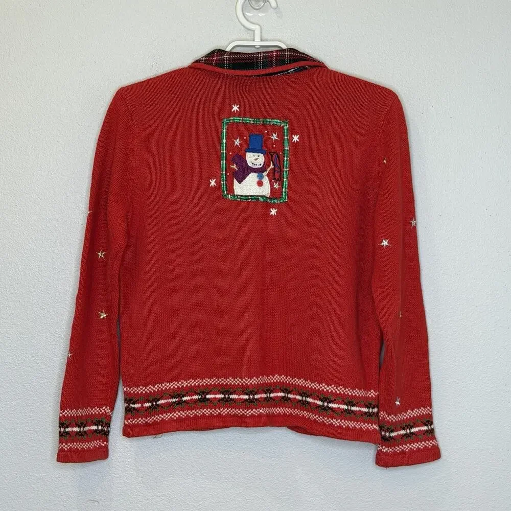 Designers‎ Originals Studio Joy Christmas Sweater Cardigan Sz PS Red Snowman Zip